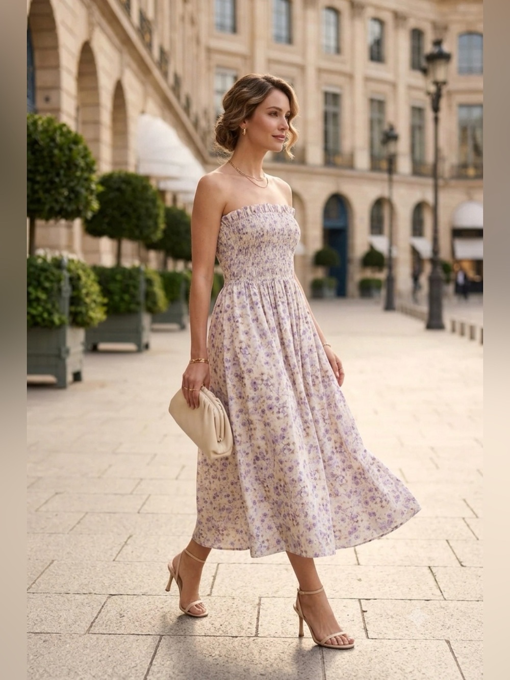 H&M | Smocked-Top Floral Midi Dress in Lavender